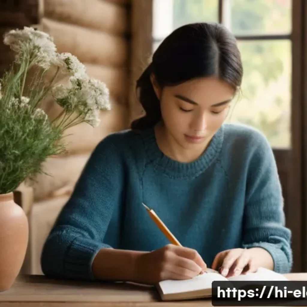 미술 감각 개발 - **Prompt:** A young woman, appearing to be in her late 20s, sits thoughtfully at a rustic wooden tab...