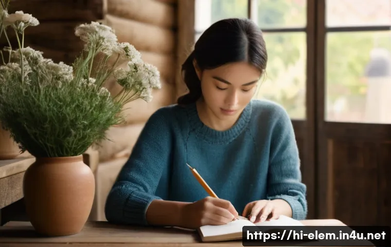 미술 감각 개발 - **Prompt:** A young woman, appearing to be in her late 20s, sits thoughtfully at a rustic wooden tab...