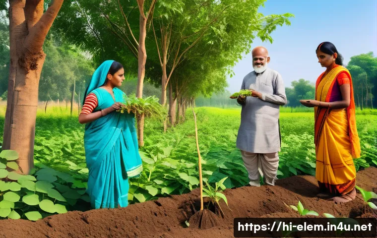 환경 교육 프로그램 - A vibrant forest conservation scene in a rural Indian village setting, showing diverse people includ...