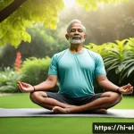 Home 20 운동 및 체력 증진 활동 - A serene morning scene of a middle-aged Indian man practicing yoga outdoors in a lush garden, wearin...