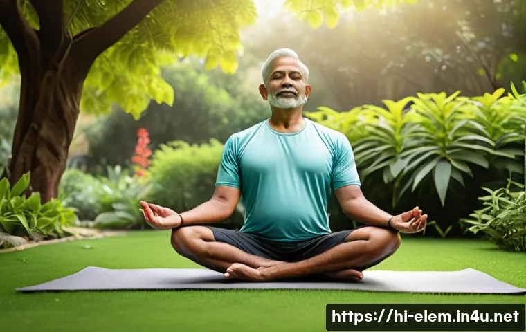운동 및 체력 증진 활동 - A serene morning scene of a middle-aged Indian man practicing yoga outdoors in a lush garden, wearin...