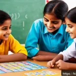 Home 19 수학 교구 활용법 - A vibrant classroom scene showing Indian children aged around 8-10 years playing educational math bo...