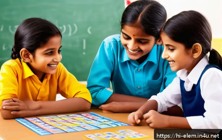 수학 교구 활용법 - A vibrant classroom scene showing Indian children aged around 8-10 years playing educational math bo...