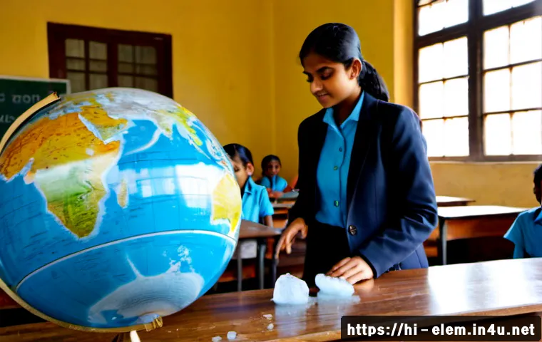 Home 17 기후 변화 교육 - Photorealistic climate change education classroom in India, caring female teacher guiding diverse mi...