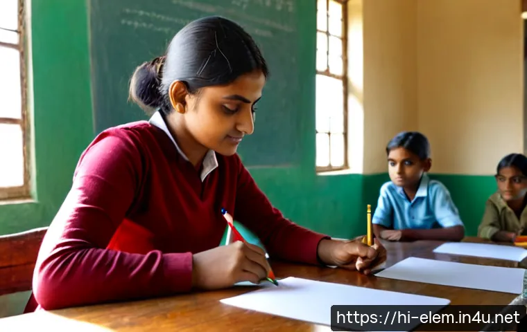 창의적 글쓰기 지도 - Photorealistic Indian primary school classroom, a warm and patient female teacher guiding a child th...